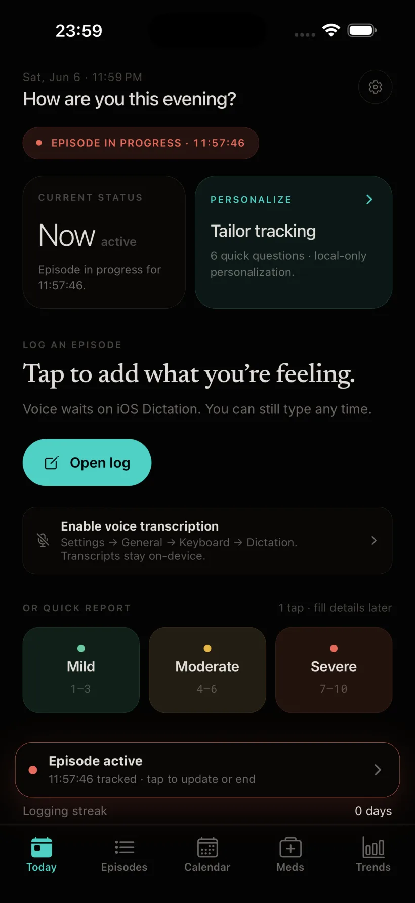Migraine Tracker app home screen: log an episode in seconds with a one-thumb severity tap.
