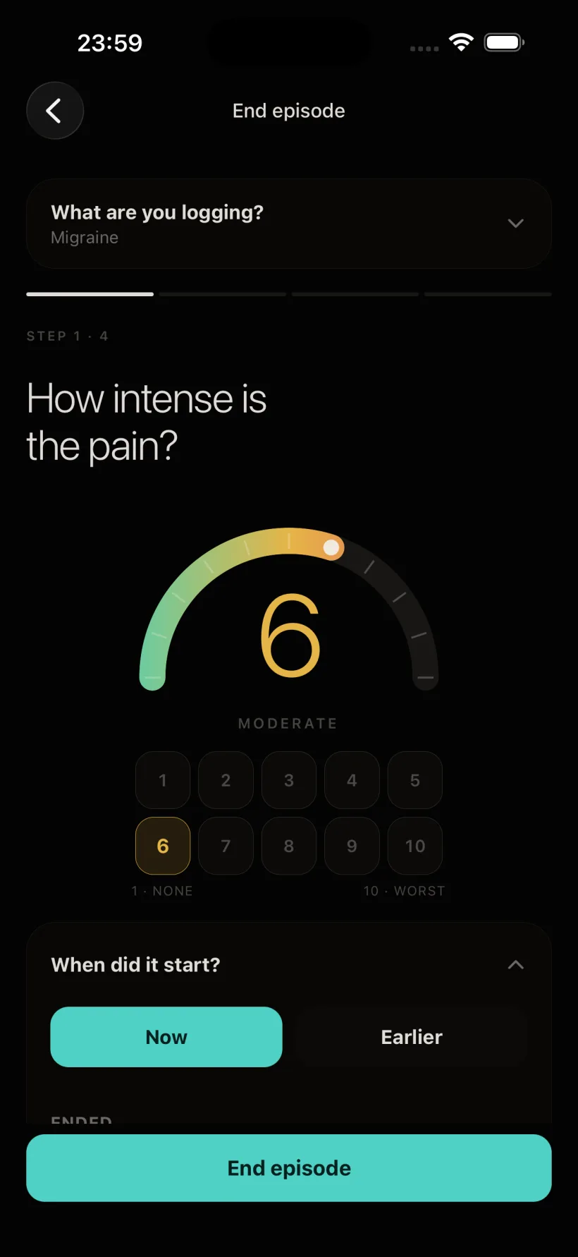 Migraine Tracker logging screen: a severity dial set to 6 of 10, moderate, with one-tap timing.