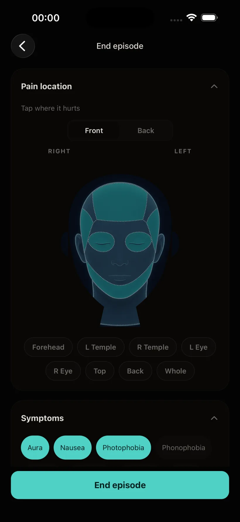Migraine Tracker pain-location screen: tap a 3D head map to mark where it hurts, plus aura and symptom chips.