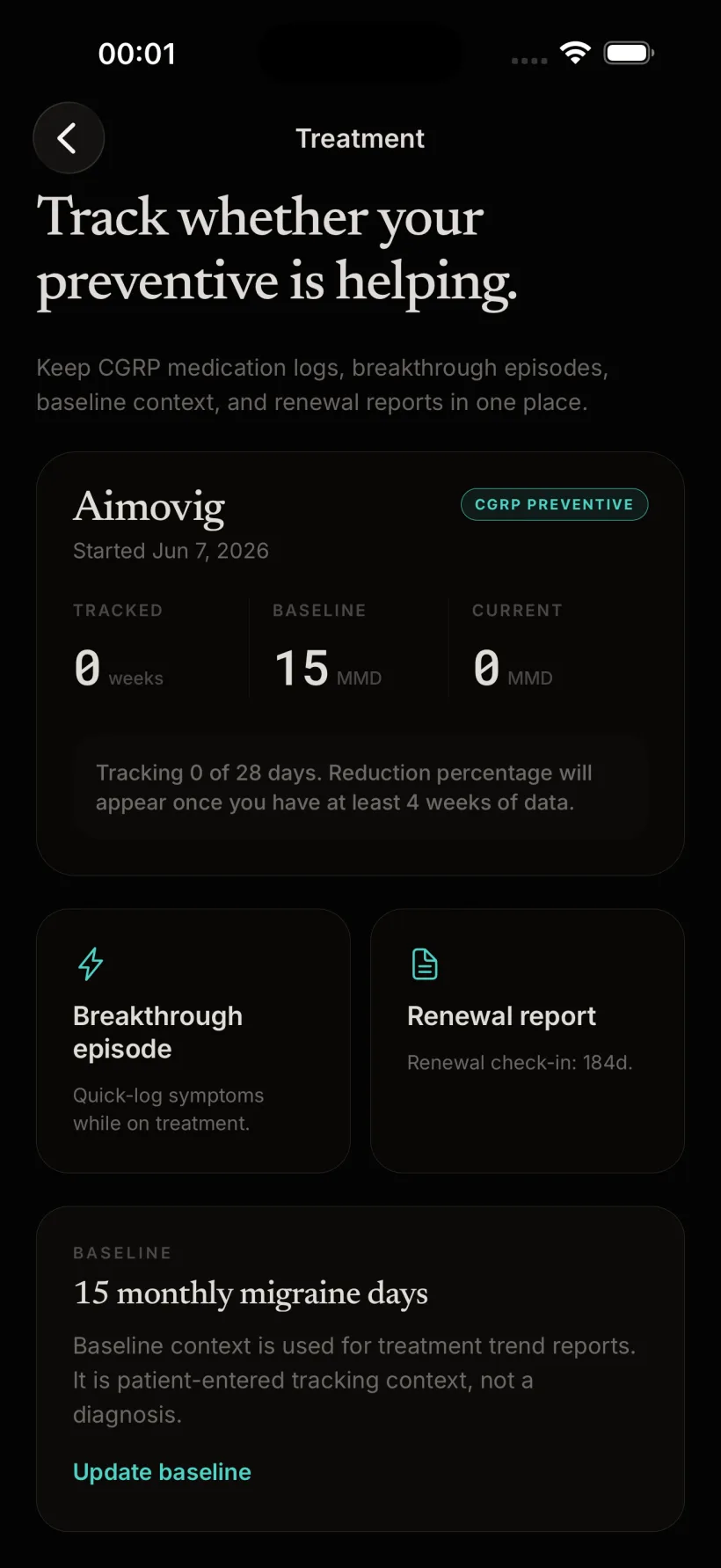 Migraine Tracker treatment screen: Aimovig CGRP preventive with tracked weeks, baseline MMD, and a renewal report check-in date.